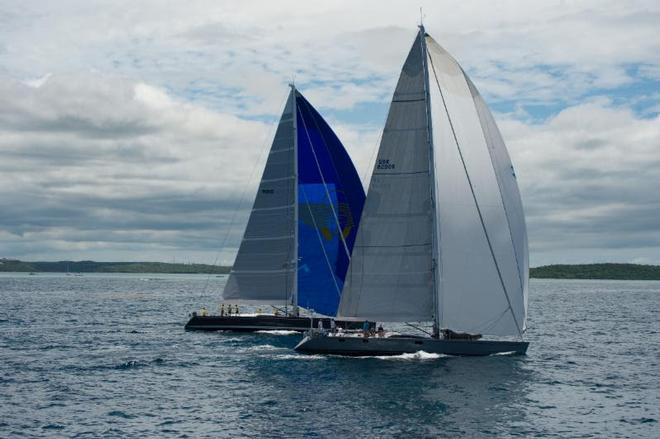 Freya and Stay Calm rounded the windward side of Barbuda following the start from Antigua © Ted Martin